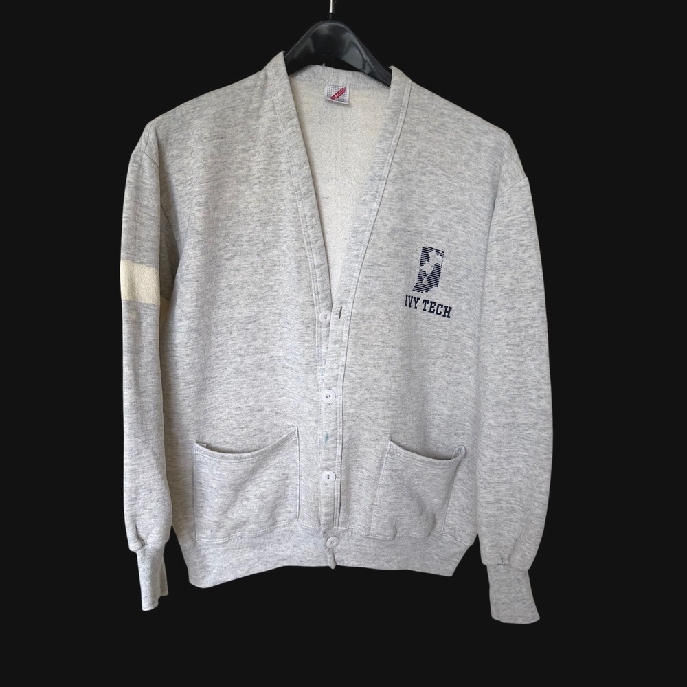 70's Ivy Tech Cardigan Sweatshirt One Size Gray Button Front Made in USA